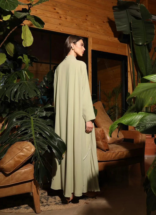 Soft Green Pleated Abaya Set with Pearl Details and Inner Dress