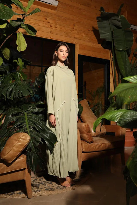 Soft Green Pleated Abaya Set with Pearl Details and Inner Dress