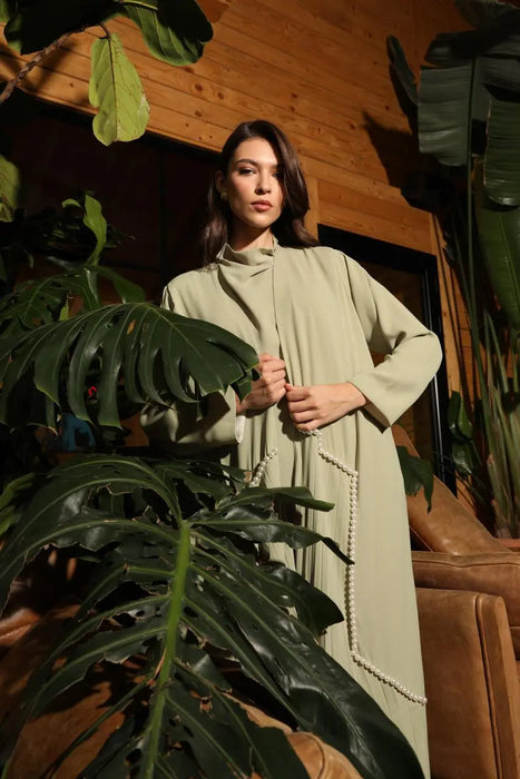 Soft Green Pleated Abaya Set with Pearl Details and Inner Dress