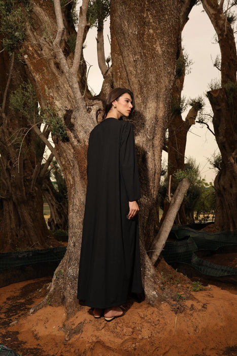 Black Abaya with Bronze Embellishment & Fringe Finish
