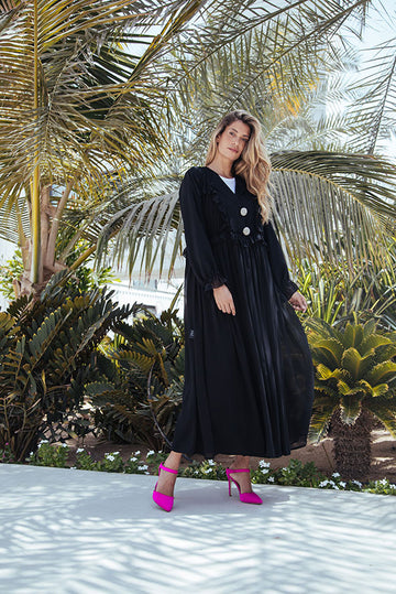 Ruffled  abaya with oversized beaded buttons