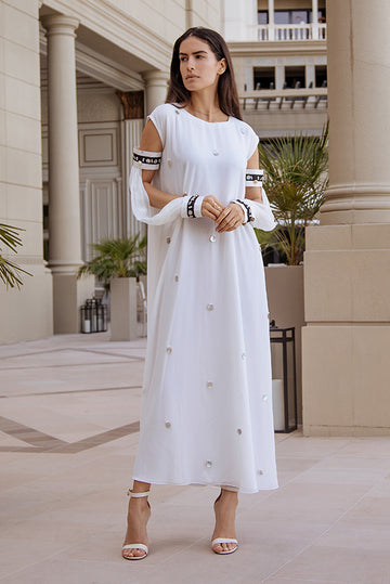 Bead-Embellished White Maxi Dress