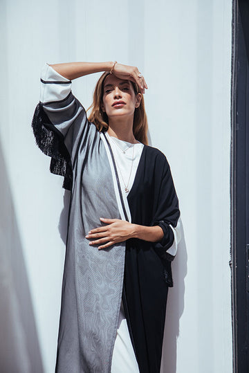 Sequins Fringe Abaya Black & White