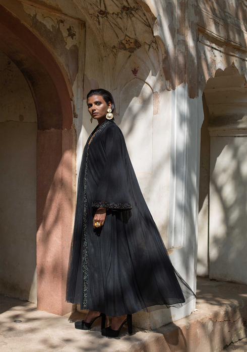 Double-layered Tulle delicate embroidery Black abaya.