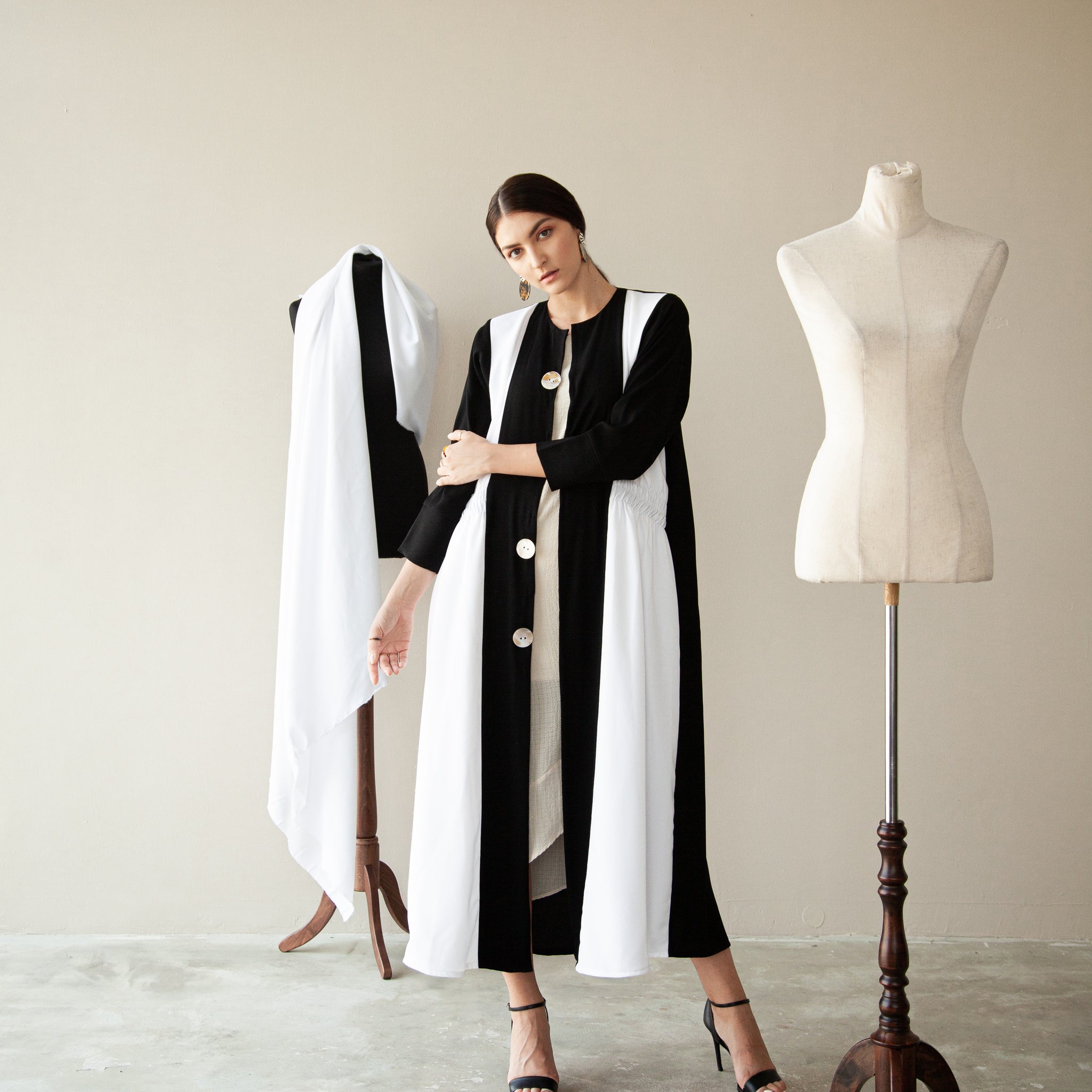 Black & White Abaya with Buttons