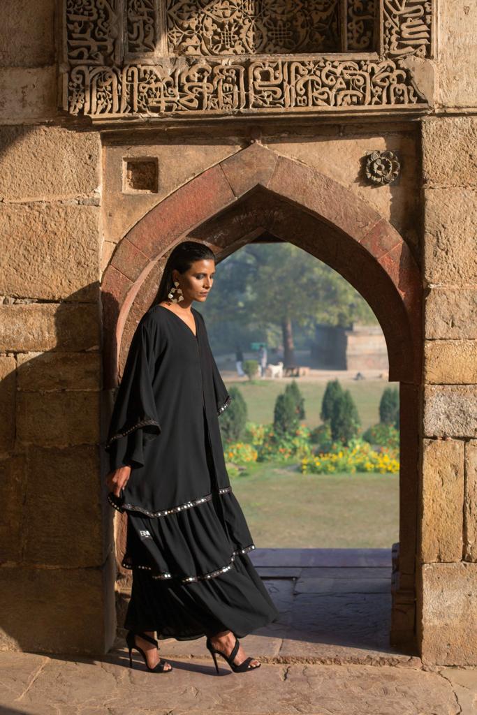 Multi Layers of Double Chiffon Abaya With Embroidered Mirror