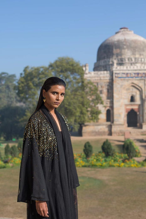 Double Tulle Abaya with golden delicate sequins