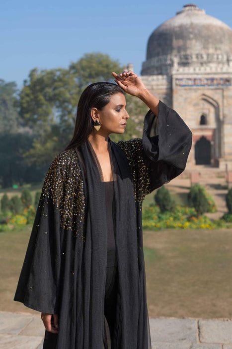 Double Tulle Abaya with golden delicate sequins