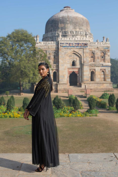 Double Tulle Abaya with golden delicate sequins