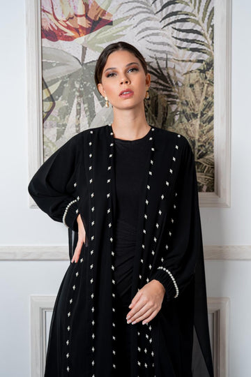Multi Black Panel Abaya with Hanging Pearls